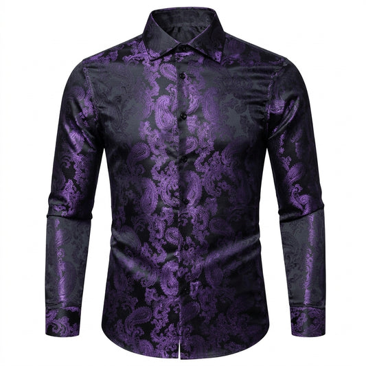 Barry. Wang Men's Purple Paisley Dress Shirt Silk Woven Wrinkle Free Business Casual Shirt