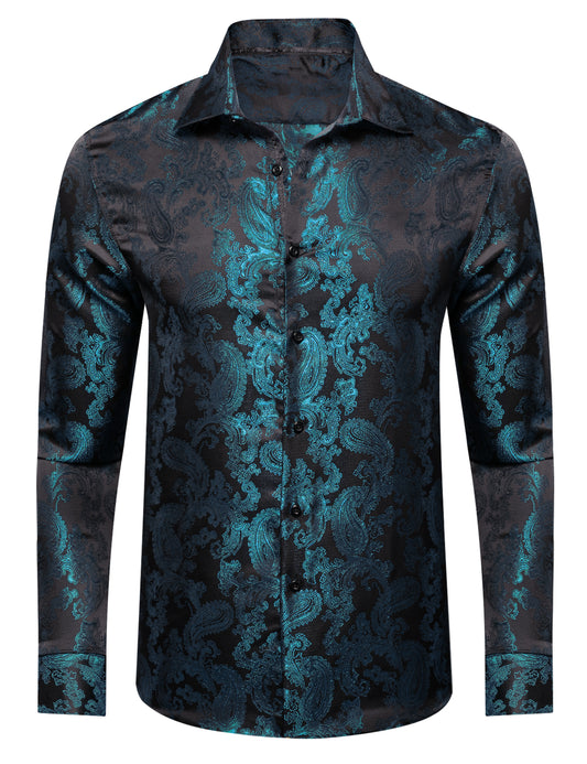 Barry. Wang Men Regular Fit Paisley Shirt Wrinkle Free Silk Jacquard Teal Blue Wedding Dress