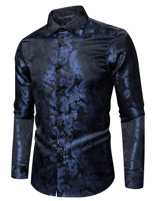 Barry. Wang Royal Blue Party Shirt for Men Paisley Silk Jacquard Dress Shirt Long Sleeve