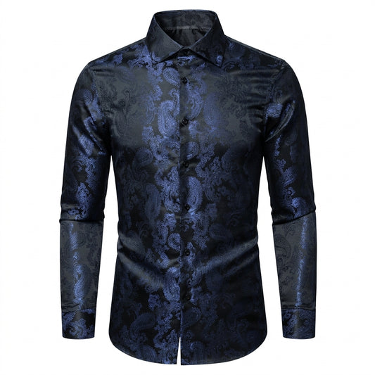 Barry. Wang Royal Blue Party Shirt for Men Paisley Silk Jacquard Dress Shirt Long Sleeve