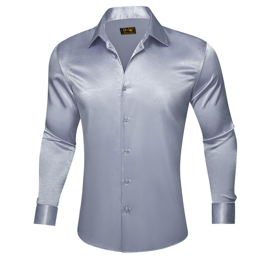 Barry. Wang Grey Satin Mens Dress Shirts Long Sleeve Solid Formal Shirt
