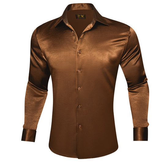 Barry. Wang Rust Satin Mens Dress Shirts Long Sleeve Solid Formal Shirt