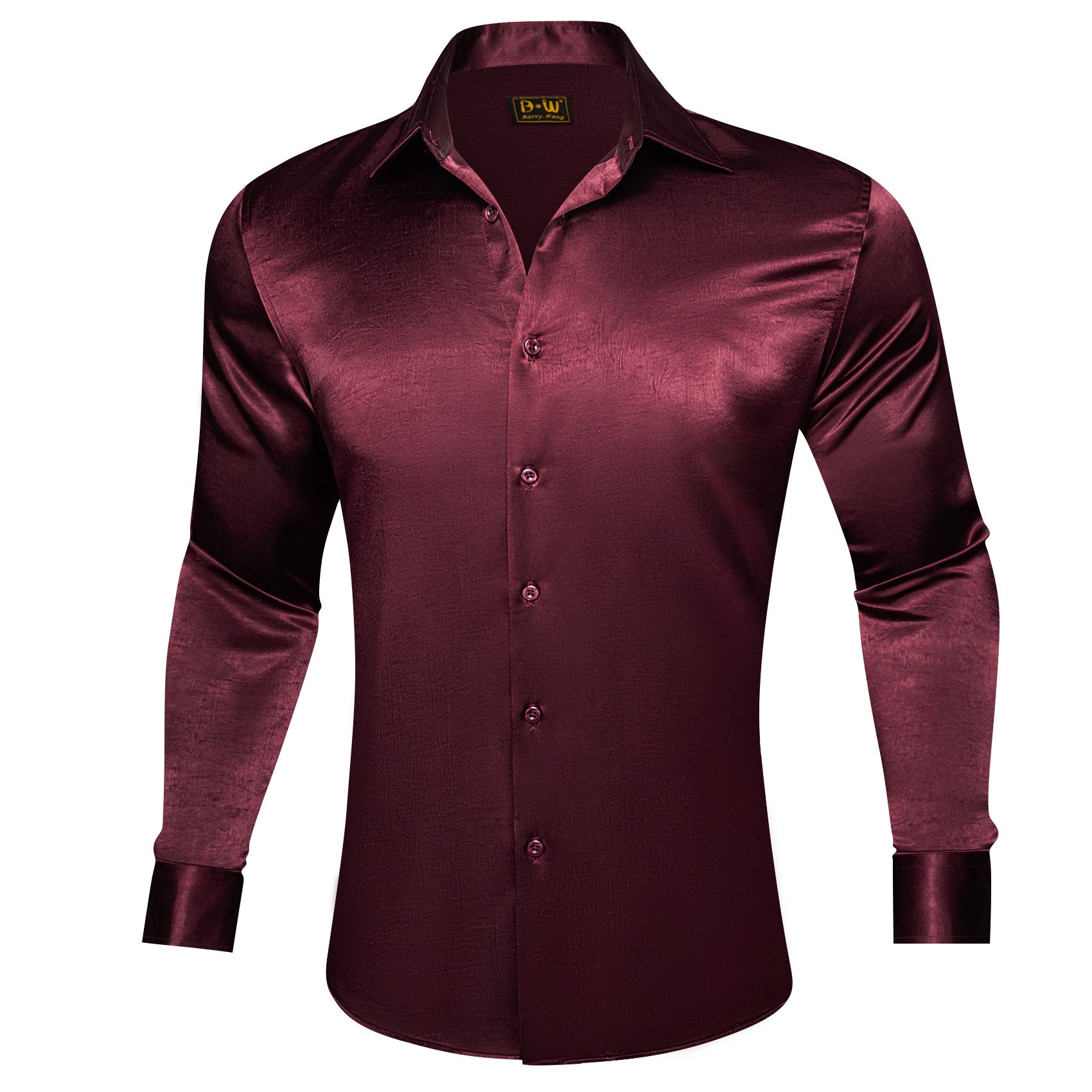 Barry. Wang Burgundy Satin Mens Dress Shirts Long Sleeve Solid Formal Shirt