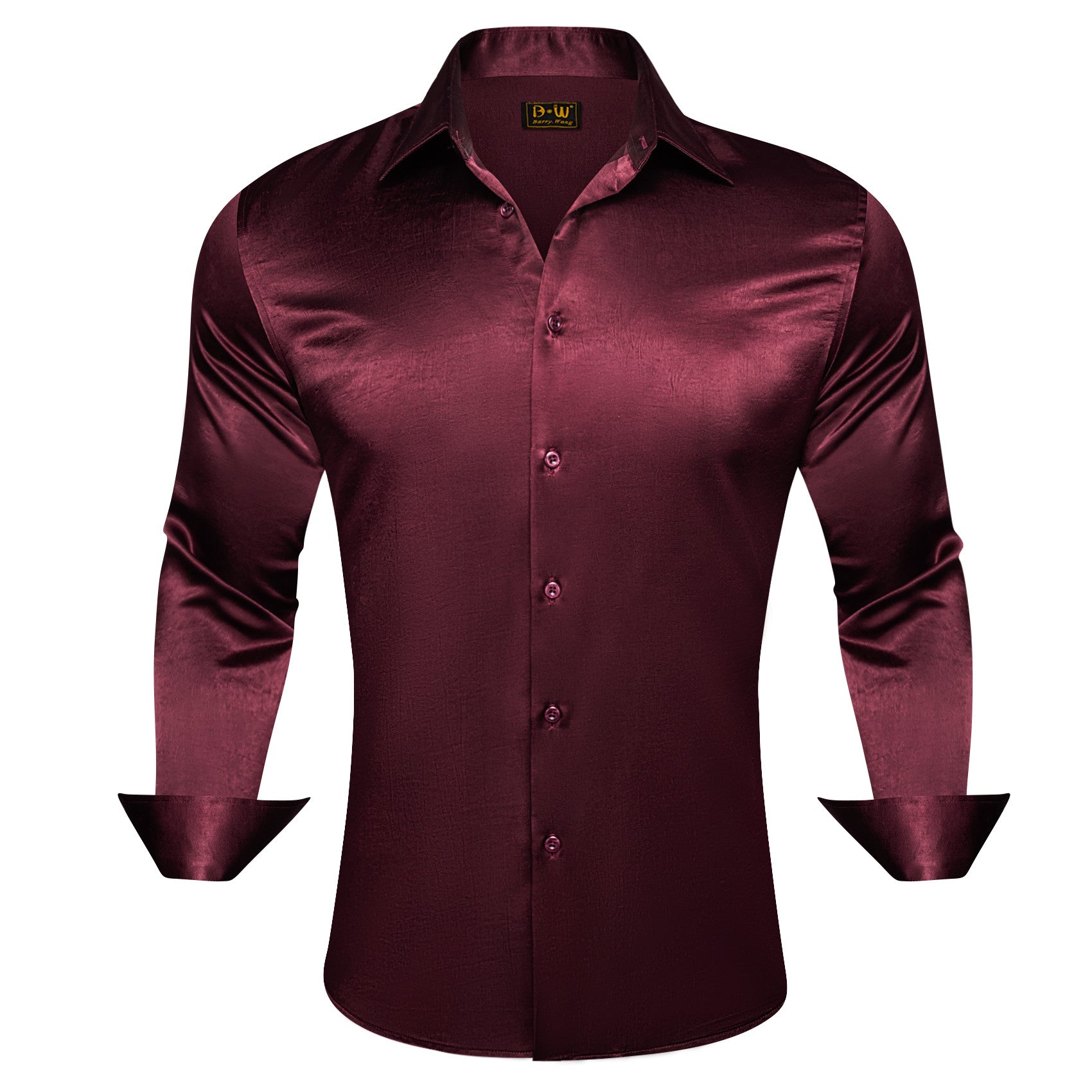Barry. Wang Burgundy Satin Mens Dress Shirts Long Sleeve Solid Formal Shirt