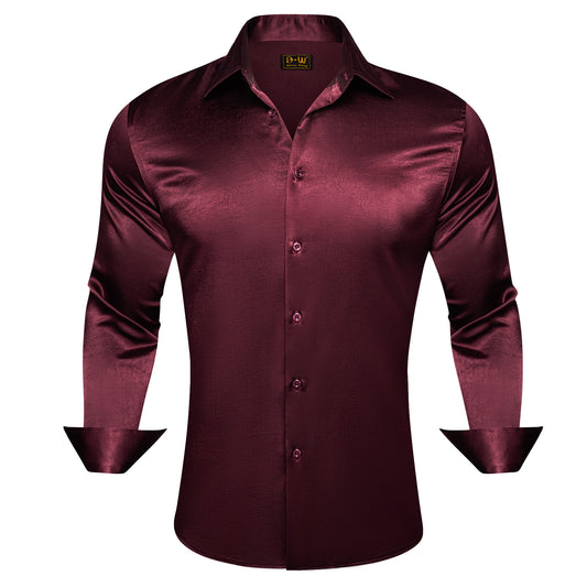 Barry. Wang Burgundy Satin Mens Dress Shirts Long Sleeve Solid Formal Shirt