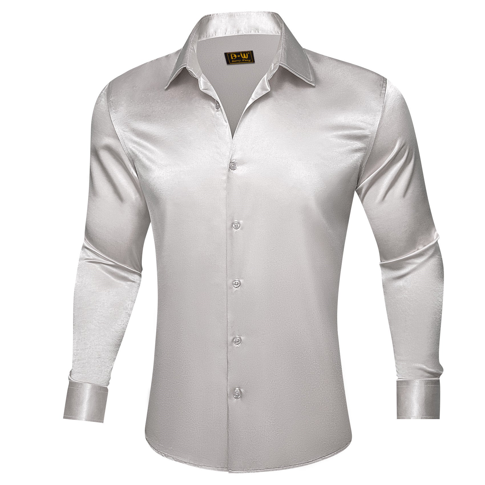 Barry. Wang Grey Satin Mens Dress Shirts Long Sleeve Solid Collar Formal Shirt