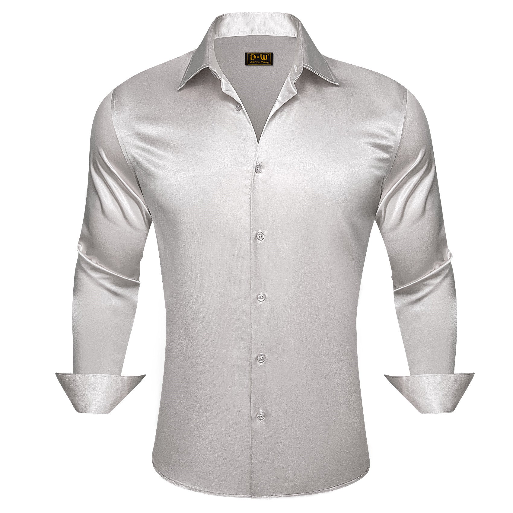 Barry. Wang Grey Satin Mens Dress Shirts Long Sleeve Solid Collar Formal Shirt