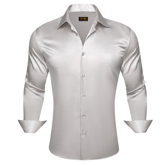 Barry. Wang Grey Satin Mens Dress Shirts Long Sleeve Solid Collar Formal Shirt