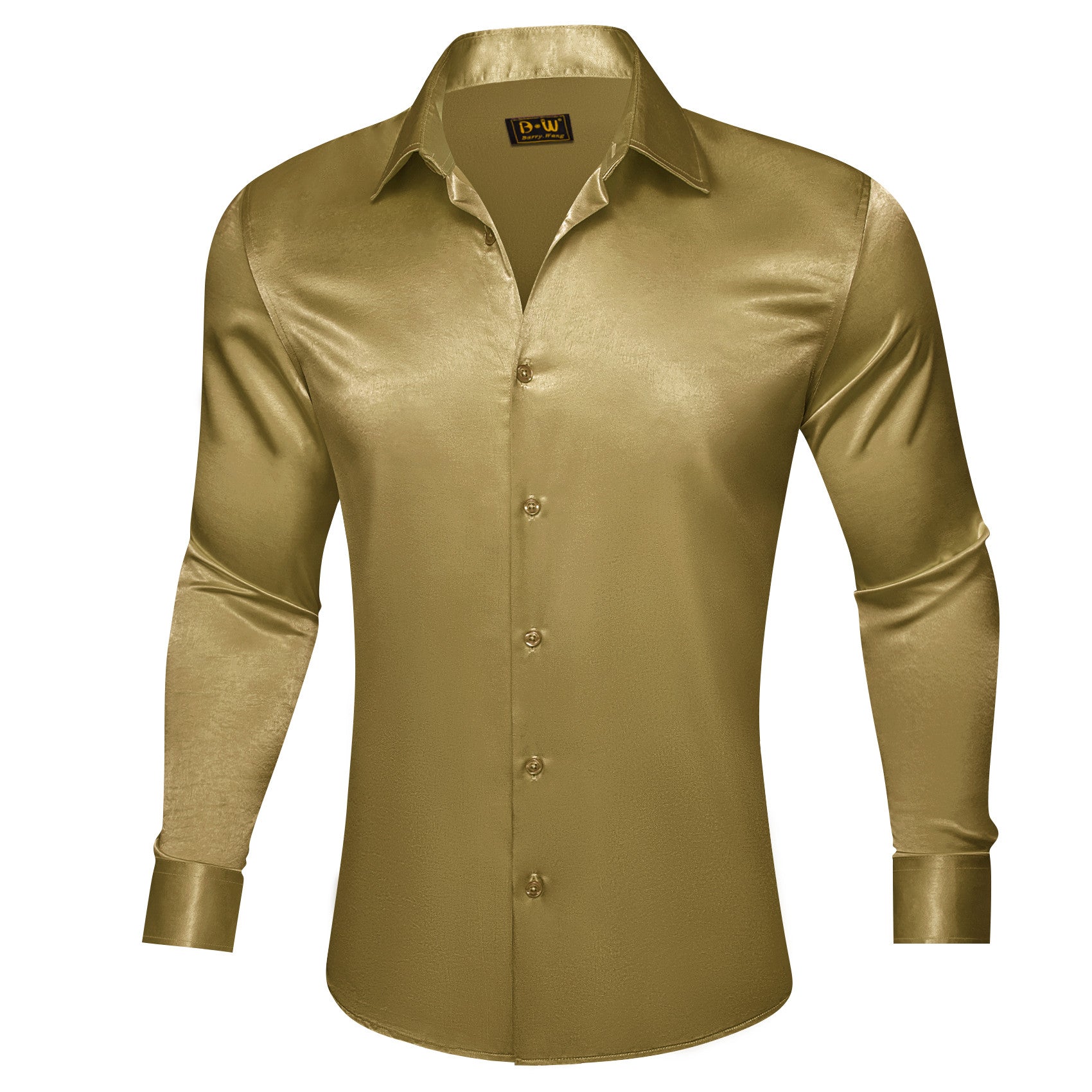 Barry. Wang Dark Tan Satin Mens Long Sleeve Shirt Solid Collar Formal Shirt
