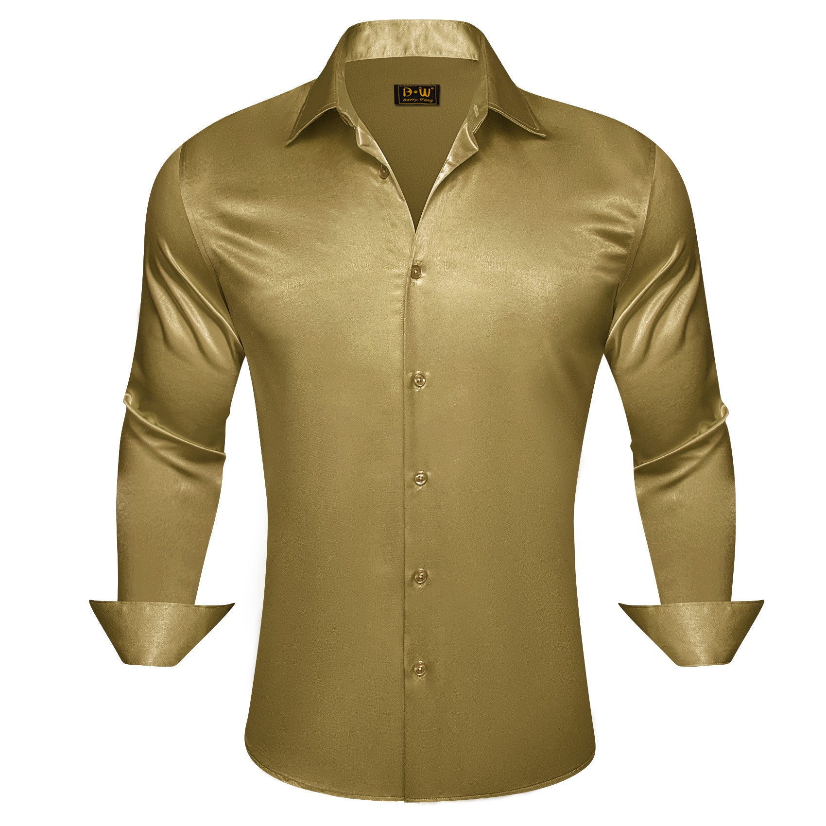 Barry. Wang Dark Tan Satin Mens Long Sleeve Shirt Solid Collar Formal Shirt