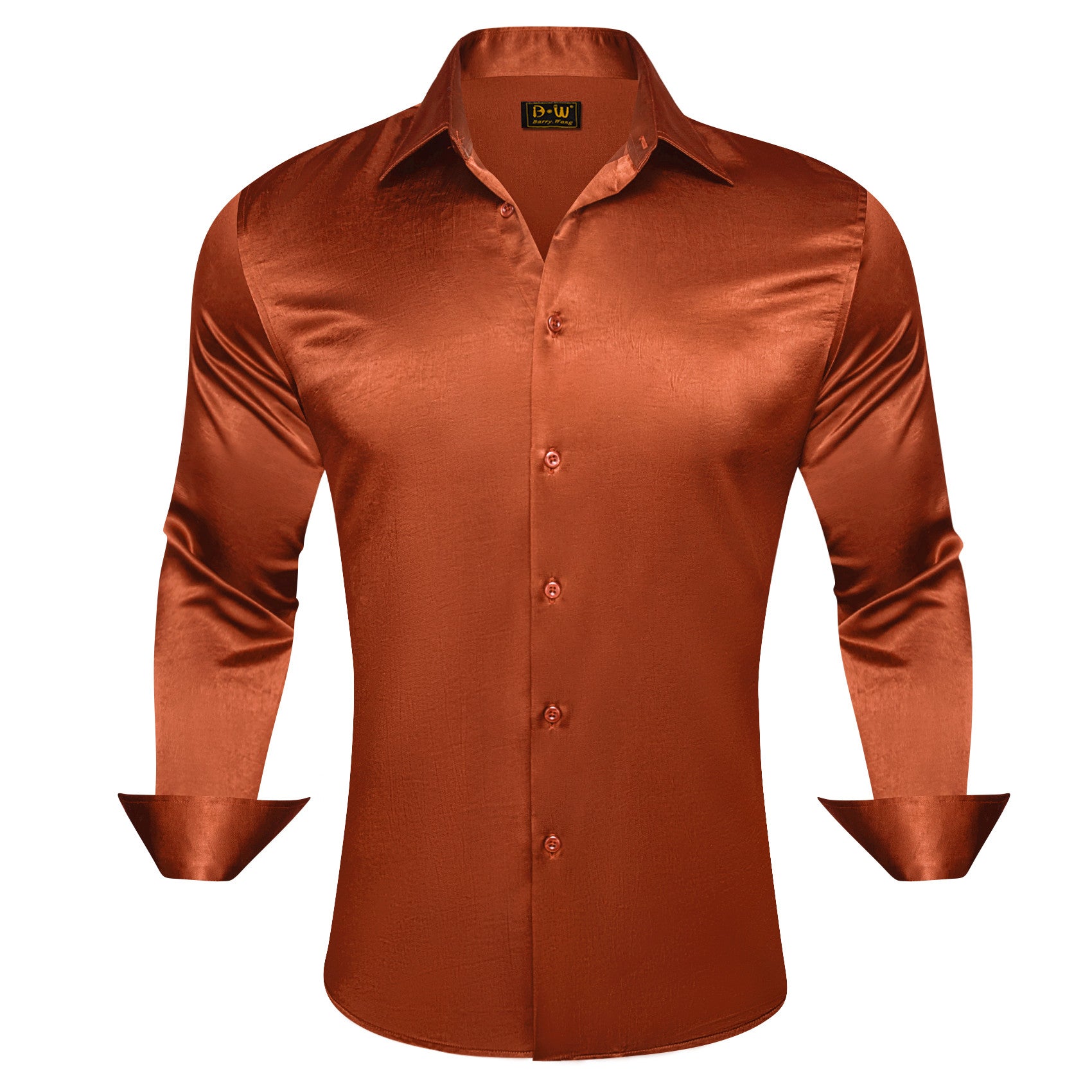 Barry. Wang Burnt Orange Satin Mens Long Sleeve Shirt Solid Collar Formal Shirt