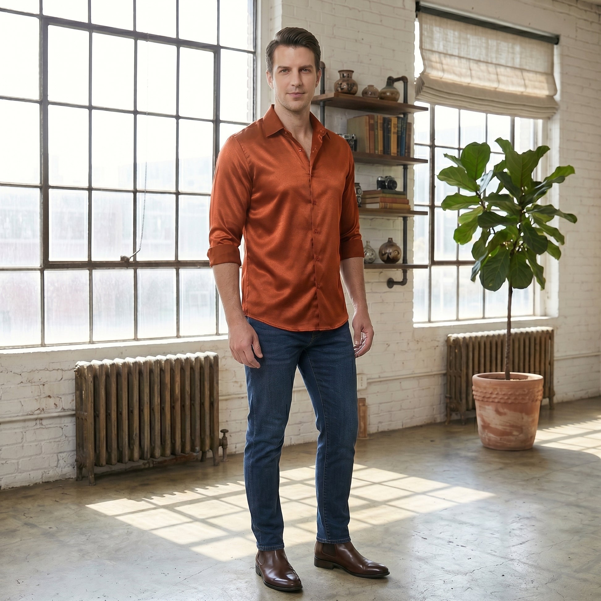 burnt orange dress shirts Barry. Wang Orange Paisley Dress Shirt Mens Casual Party Club Long Sleeve shirt, M