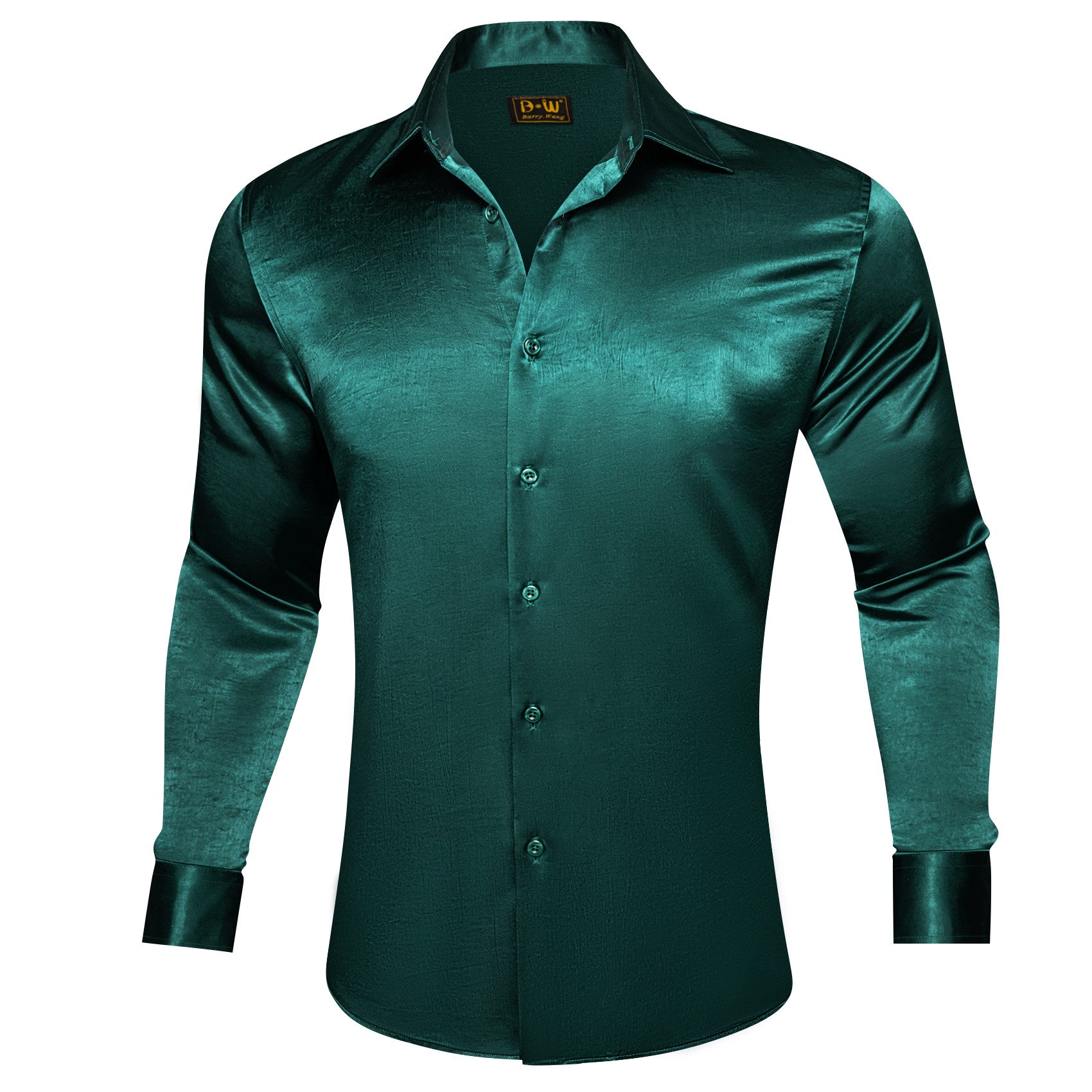 Barry. Wang Teal Satin Mens Long Sleeve Shirt Solid Collar Formal Shirt