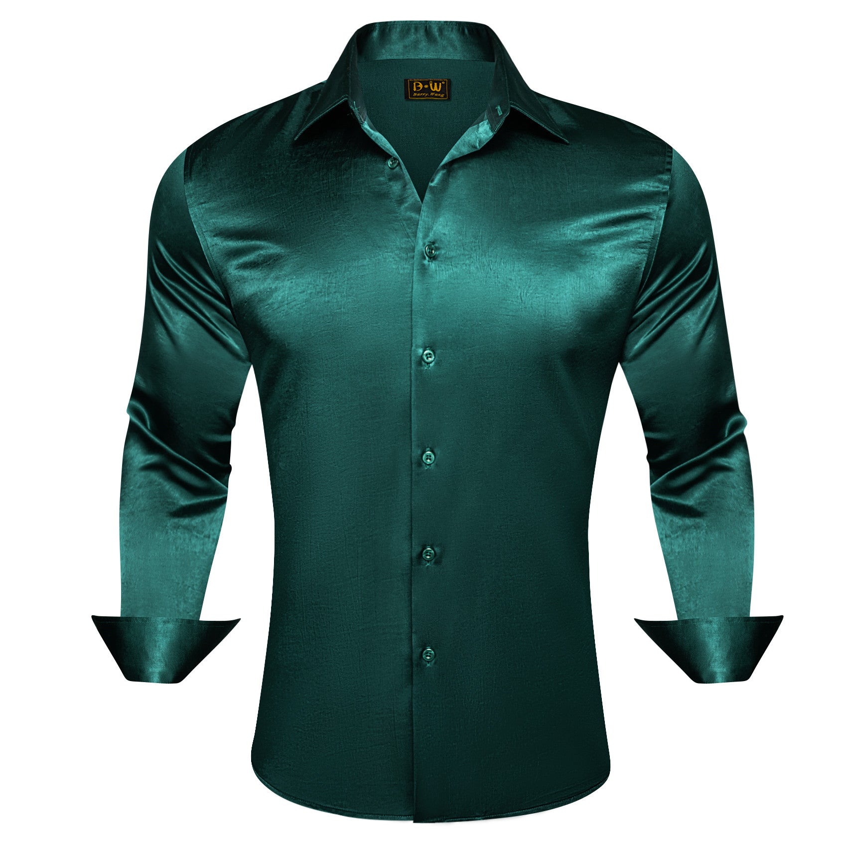 Barry. Wang Teal Satin Mens Long Sleeve Shirt Solid Collar Formal Shirt