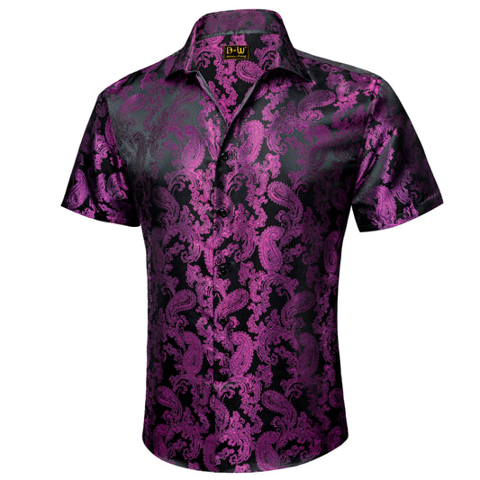 Barry. Wang Black Purple Paisley Short Sleeve Shirt for Men Silk Jacquard Button Up Party Casual Shirt