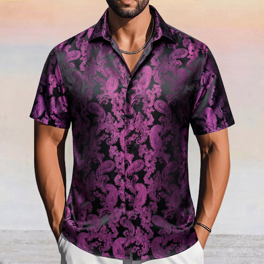 Barry. Wang Black Purple Paisley Short Sleeve Shirt for Men Silk Jacquard Button Up Party Casual Shirt