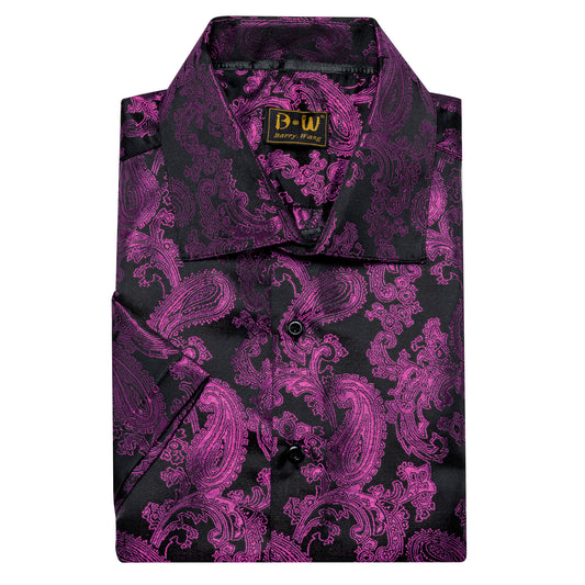 Barry. Wang Black Purple Paisley Short Sleeve Shirt for Men Silk Jacquard Button Up Party Casual Shirt