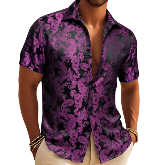 Barry. Wang Black Purple Paisley Short Sleeve Shirt for Men Silk Jacquard Button Up Party Casual Shirt