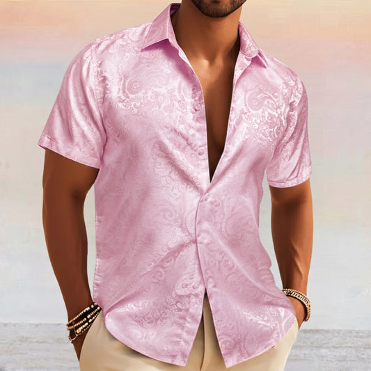 Barry. Wang Men's Pink Paisley Short Sleeve Shirt Silk Jacquard Woven Button Down Casual Shirt