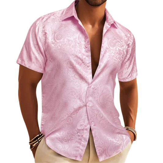Barry. Wang Men's Pink Paisley Short Sleeve Shirt Silk Jacquard Woven Button Down Casual Shirt