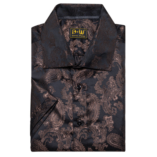 Barry. Wang Men's Coffee Evening Formal Short Sleeve Shirt Woven Texture Silk Party Tops Regular Fit