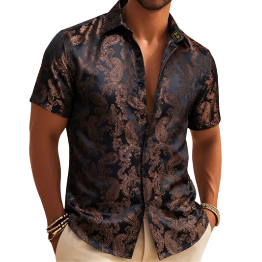Barry. Wang Men's Coffee Evening Formal Short Sleeve Shirt Woven Texture Silk Party Tops Regular Fit