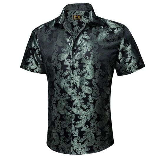 Barry. Wang Dark Green Summer Wedding Shirt for Men Luxury Paisley Silk Jacquard Party Dress Shirt