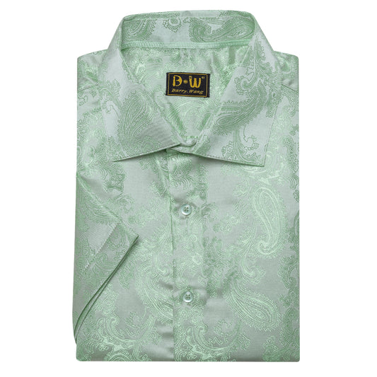 Barry. Wang Sage Green Wedding Shirt for Men Paisley Silk Jacquard Short Sleeve Prom Dress Shirt