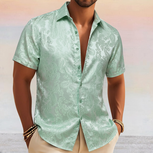 Barry. Wang Sage Green Wedding Shirt for Men Paisley Silk Jacquard Short Sleeve Prom Dress Shirt
