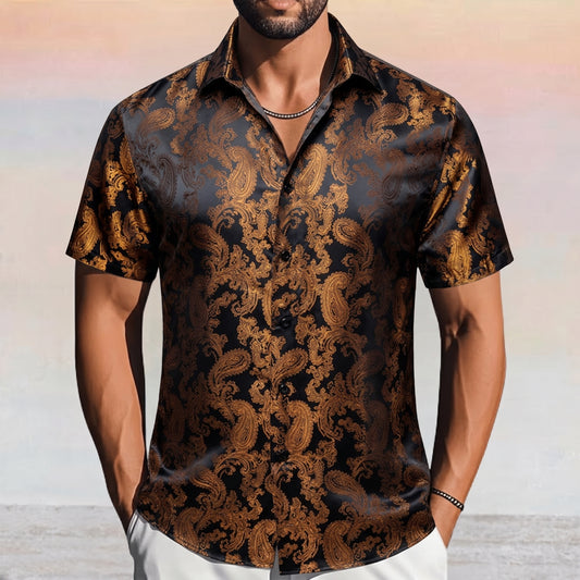 Barry. Wang Men's Black Gold Party Short Sleeve Shirt Paisley Silk Jacquard Wedding Shirt Regular Fit
