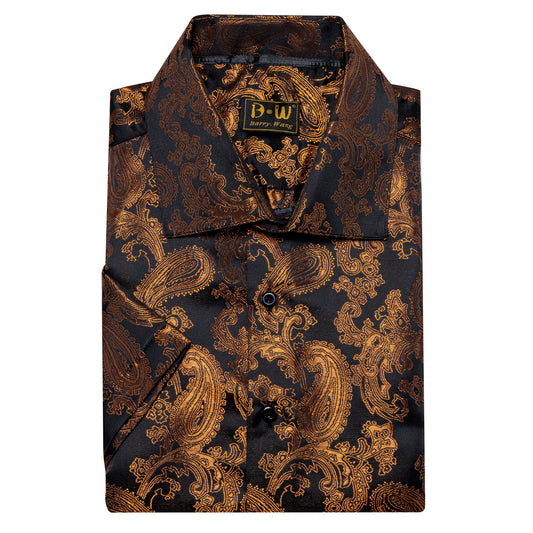 Barry. Wang Men's Black Gold Party Short Sleeve Shirt Paisley Silk Jacquard Wedding Shirt Regular Fit