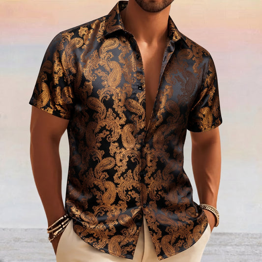 Barry. Wang Men's Black Gold Party Short Sleeve Shirt Paisley Silk Jacquard Wedding Shirt Regular Fit