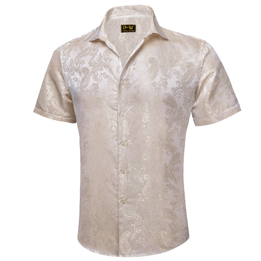 Barry. Wang Men's Champagne Wedding Short Sleeve Shirt Floral Jacquard Woven Silk Textured Dress Shirt