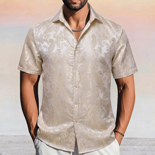 Barry. Wang Men's Champagne Wedding Short Sleeve Shirt Floral Jacquard Woven Silk Textured Dress Shirt