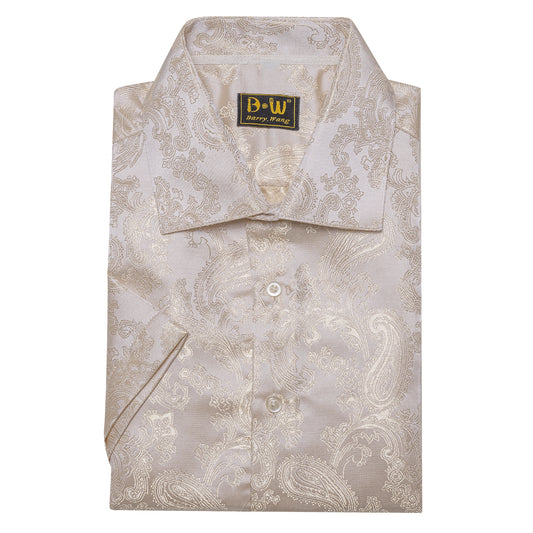 Barry. Wang Men's Champagne Wedding Short Sleeve Shirt Floral Jacquard Woven Silk Textured Dress Shirt