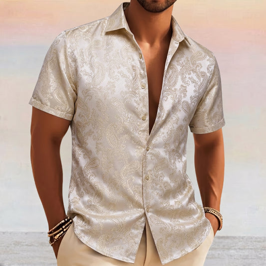Barry. Wang Men's Champagne Wedding Short Sleeve Shirt Floral Jacquard Woven Silk Textured Dress Shirt