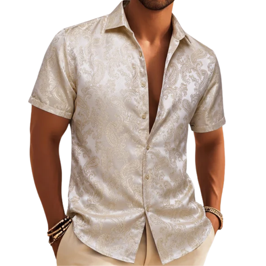 Barry. Wang Men's Champagne Wedding Short Sleeve Shirt Floral Jacquard Woven Silk Textured Dress Shirt