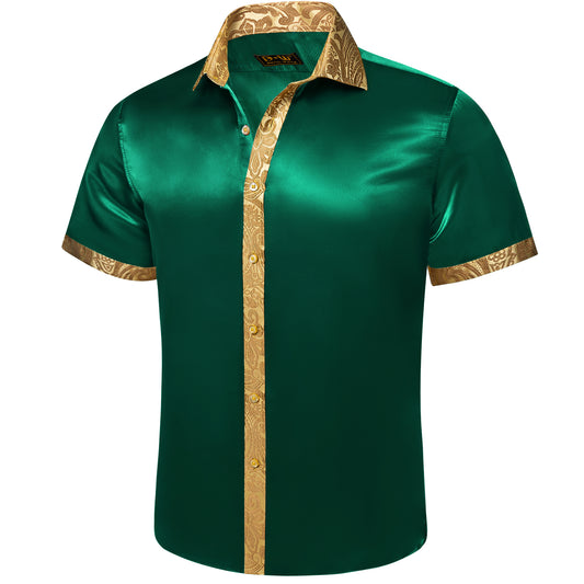 Barry. Wang Regular Fit Emerald Green Satin Shirt, Baroque Gold Brocade Trim Designer Top