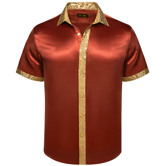 Barry. Wang Men's Rust Red Silky Satin Shirt, Gold Paisley Panelled Short Sleeve Nightclub Top