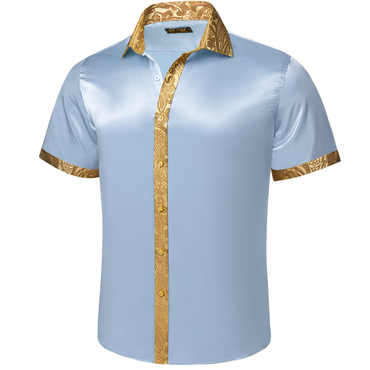 Barry. Wang Short Sleeve Ice Blue Silky Satin Shirt with Gold Paisley Trim Luxury Resort Shirt