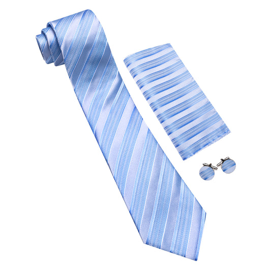 Barry. Wang Light Blue Necktie Set Silk Mens Striped Tie Pocket Square Cufflinks for Wedding
