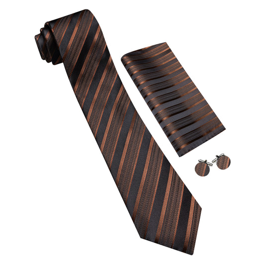 Barry. Wang Striped Brown Necktie Set Mens Silk Tie Pocket Square Business Office Formal Wear