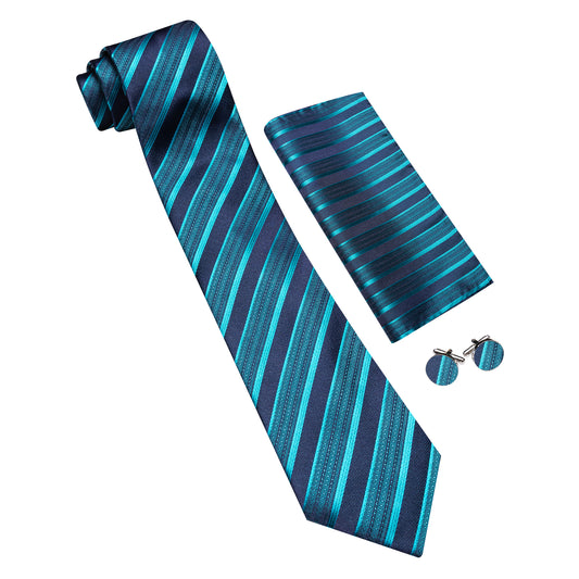 Barry. Wang Silk Teal Blue Necktie Set Hanky Cufflinks for Men Striped Tie Party Business Gift