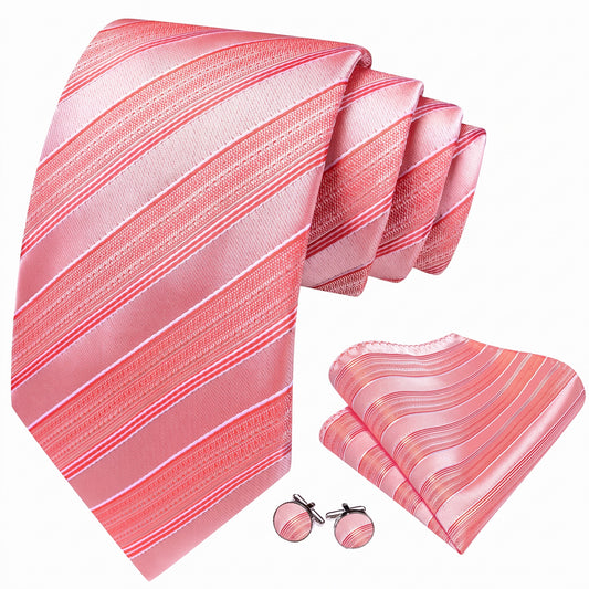 Barry. Wang Pink Wedding Necktie Set for Men Silk Striped Tie Pocket Square Cufflinks Daily Wear