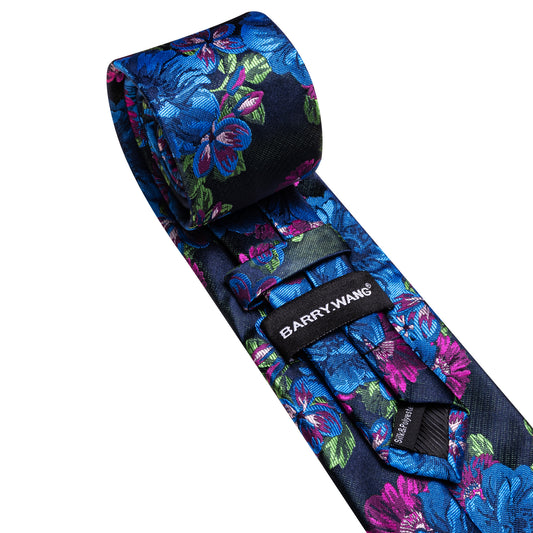 Barry. Wang Floral Blue Purple Necktie Set Mens Silk Tie Pocket Square Cufflinks for Wedding