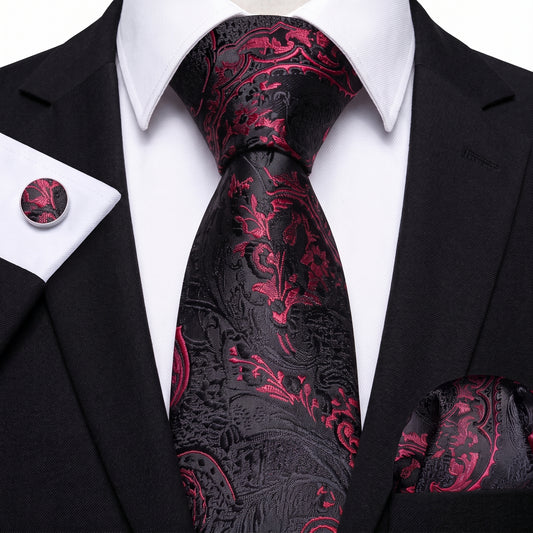 Barry. Wang Jacquard Red Black Necktie Set Silk Mens Tie Pocket Square Cufflinks Wedding Business