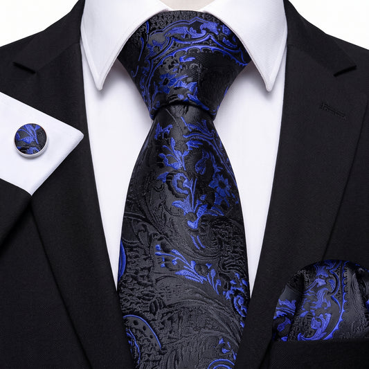 Barry. Wang Blue Black Necktie Set for Men Silk Woven Tie Hanky Cufflinks Business Formal Wear