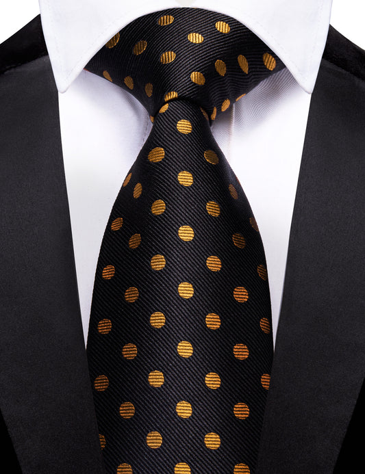 Barry. Wang Black Necktie Orange Polka Dot Mens Tie Hanky Cufflinks Set