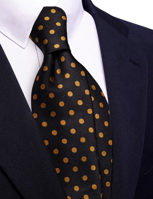 Barry. Wang Black Necktie Orange Polka Dot Mens Tie Hanky Cufflinks Set