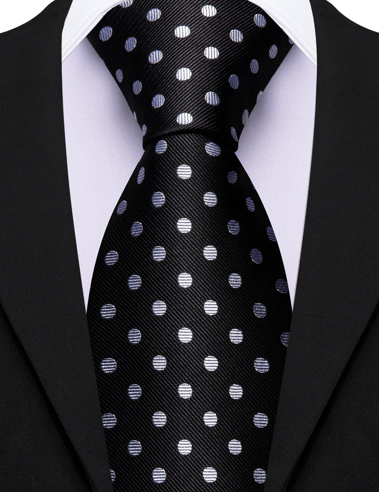 Barry. Wang Black Silk Tie White Polka Dots Necktie Pocket Square Cufflinks Set